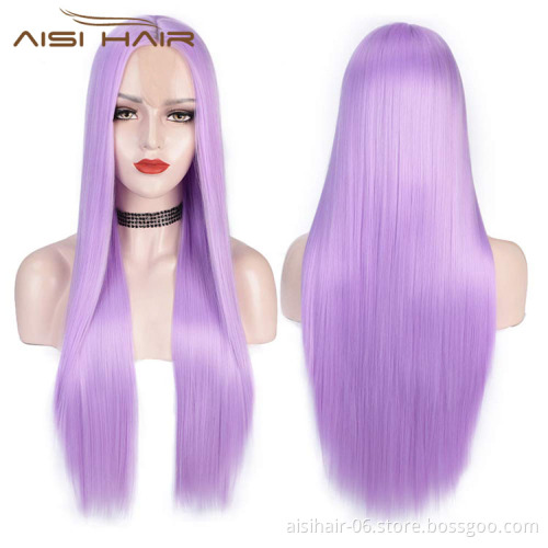 Aisi Hair Wholesale Vendor Cheap Cosplay Party Middle Part Purple Long Silky Straight Wig For Black Women Synthetic Hair Wigs